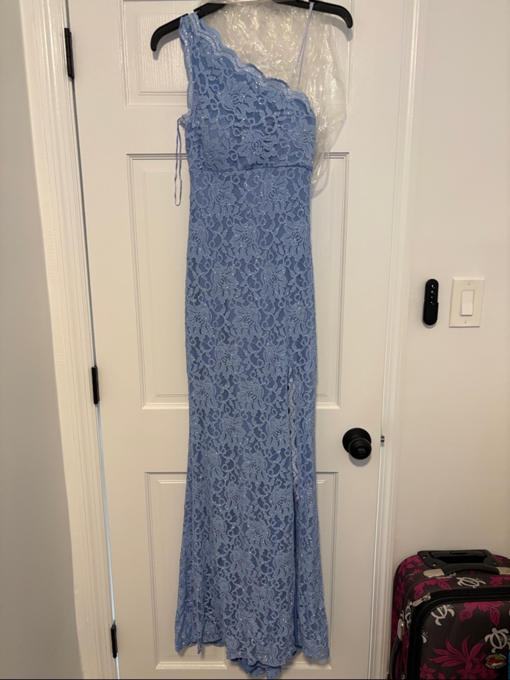 PROM DRESS- One-Shoulder Light Blue Lace Gown